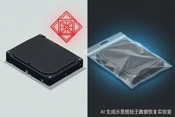 画面左侧为黑色机械硬盘与红色几何标志,右侧为同一硬盘放入透明密封袋中,背景为深色。