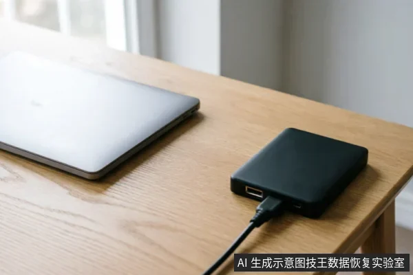 木质桌面上放置着一台闭合的银色笔记本电脑,旁边连接着一个黑色外接移动硬盘,USB数据线已插入硬盘接口,展示了电脑与存储设备的外部物理连接状态。