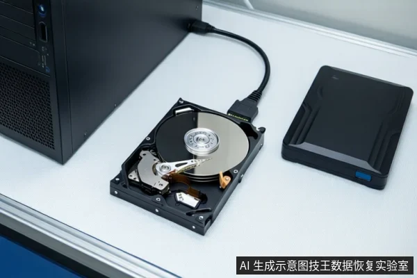 白色桌面上,左侧黑色主机连接线缆,中间平放一块打开外壳的机械硬盘,右侧平放一个黑色外接硬盘盒。