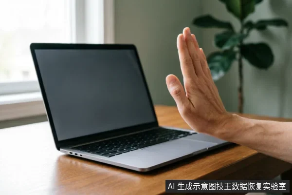 画面展示了一只手在笔记本电脑前做出明显的“停止”或“拒绝”手势,掌心向外。电脑放置在木质桌面上,屏幕处于黑屏关闭状态,背景有窗户和绿植。该画面直观地传达了面对设备故障时应立即停止操作、切勿自行尝试修复的警示信息。