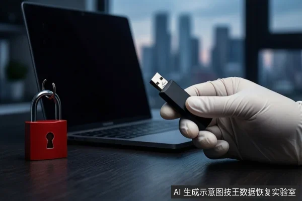 深色桌面上,左侧有一台笔记本电脑和一个红色挂锁,右侧一只戴白手套的手持握一个黑色U盘,背景为模糊的城市夜景。