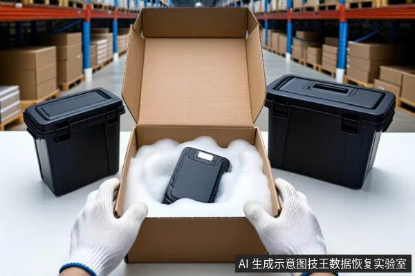 仓库环境中,白色桌面上放置一个打开的棕色纸箱,箱内为白色防震泡沫。一双戴白色手套的手正扶握一块黑色移动硬盘,准备放入泡沫中。左右两侧桌面上各放置一个闭合的黑色防震箱。背景可见货架和堆叠的纸箱。