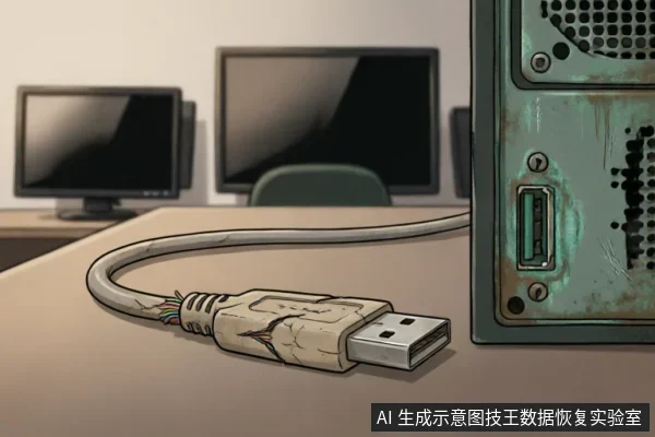 一张特写插画，展示了一根外皮严重破损、内部线芯裸露的USB数据线连接在一台布满灰尘和锈迹的老旧电脑机箱上。背景模糊显示有显示器和椅子，呈现出网吧或机房的高强度使用环境。