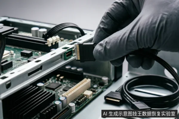 一只戴着灰色防静电手套的手正将一根黑色SATA数据线插入主板上的绿色接口中。背景可见机箱内部结构、散热片及另一根盘绕的数据线，展示了检查或更换硬盘连接线的操作细节。
