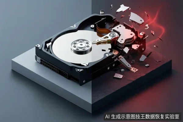 机械硬盘置于灰黑拼接台面上，右侧磁头与外壳部件碎裂飞溅，伴随红色光效，左侧盘片与接口保持完整。
