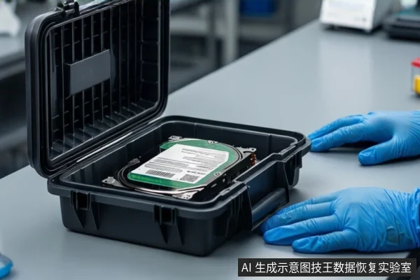 灰色桌面上,一个打开的黑色防震箱内放置着一块机械硬盘。一双戴着蓝色手套的手平放在箱子右侧的桌面上。背景为模糊的实验室环境。
