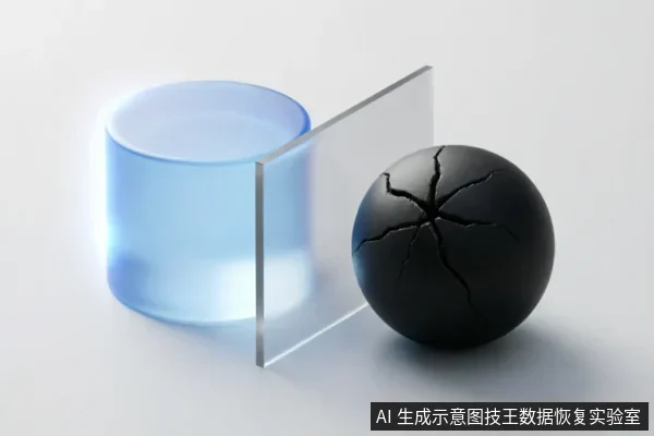 画面展示了一个发光的蓝色半透明圆柱体，中间隔着一块竖立的透明玻璃板，右侧是一个表面布满裂纹的黑色球体。整体构图呈现出隔离与阻断的视觉效果，隐喻对受损或危险介质的物理隔离与防护。