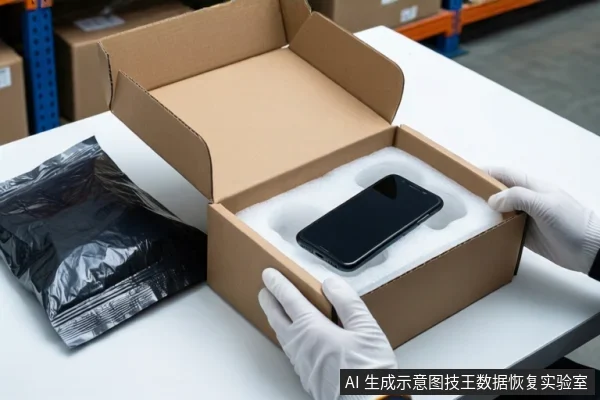 仓库环境中,白色桌面上放置一个打开的棕色纸箱,箱内白色防震泡沫中固定着一部黑屏智能手机。一双戴白色手套的手正扶握纸箱两侧。左侧桌面上放置一个封口的黑色防静电袋。背景可见货架和堆叠的纸箱。