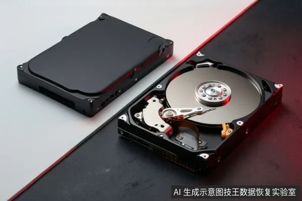 画面中并排放置两块机械硬盘:左侧为带黑色外壳的完整硬盘,右侧为打开顶盖的硬盘,可见金属盘片、主轴、磁头臂和接口,背景为黑白红斜向分割的桌面。