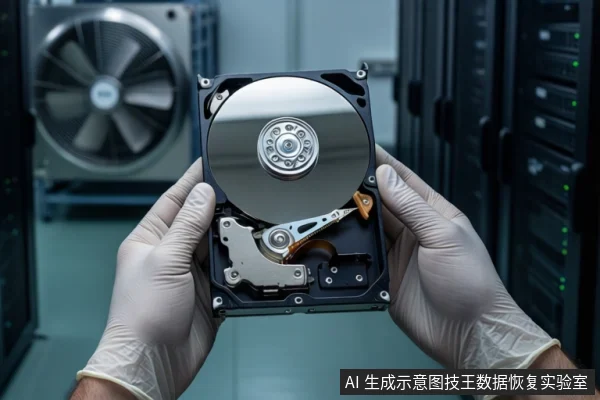 服务器机房环境中,一双戴白色手套的手正握持一块打开外壳的机械硬盘,展示其盘片与磁头组件。背景可见服务器机柜风扇。