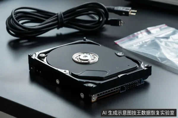 黑色桌面上放置一块裸露的机械硬盘,旁边有一根黑色USB数据线和透明自封袋。