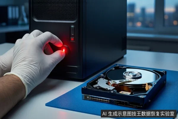 戴白手套的手正在按压黑色主机正面亮红灯的电源按钮,右侧蓝色防静电垫上平放一块打开外壳的机械硬盘,背景为模糊的窗户。