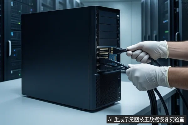 白色桌面上放置一台黑色台式主机，右侧一双戴白色手套的手正握持多根黑色线缆，将其插头插入主机背面的接口。背景为模糊的服务器机柜。