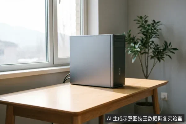 一台银灰色台式电脑主机静置于靠窗的浅色木质办公桌上,背景有一盆绿植,光线明亮自然。画面展示了完整的桌面设备外观,无任何屏幕显示或内部结构细节。