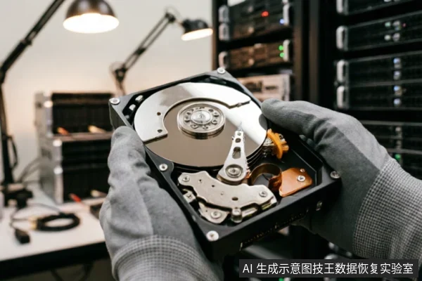 戴着灰色防静电手套的技术人员双手托举着一块已拆开外壳的机械硬盘,清晰展示内部的磁盘盘片与磁头组件。背景为模糊的服务器机柜与工作台灯光,呈现出专业数据恢复实验室或硬件检测环境的氛围。
