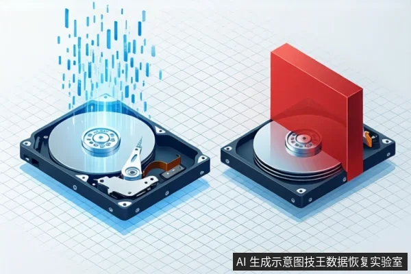白色网格背景上,左侧打开的机械硬盘上方有蓝色数据流向上飘散,右侧机械硬盘上方竖立红色半透明方块,右下角有固定标识。
