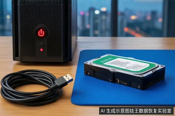 木质桌面上，左侧竖立一台黑色塔式主机，正面电源按钮亮红灯。右侧蓝色防静电垫上平放一块打开外壳的机械硬盘，露出绿色电路板。前景盘绕着一根黑色USB数据线。背景为模糊的窗户和城市夜景。