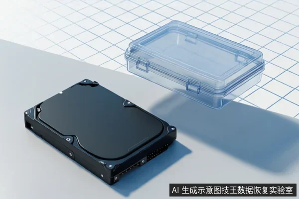 画面展示了一块黑色的机械硬盘和一个透明的塑料收纳盒,放置在带有网格线的白色背景上。