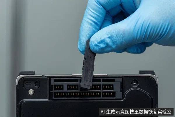 戴蓝色手套的手正将一块黑色硬盘接口模块对准硬盘背面的金手指插槽,准备进行插接操作。