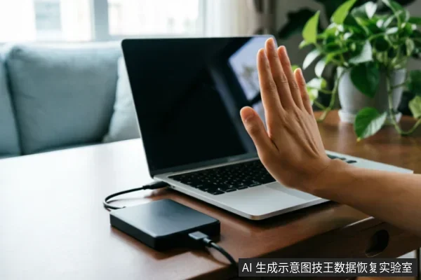 画面展示了一只手在连接着移动硬盘的笔记本电脑前做出“停止”或“拒绝”的手势。该场景直观地传达了在遇到存储设备故障时,应立即停止操作、避免进一步通电或尝试软件修复的警示信息。