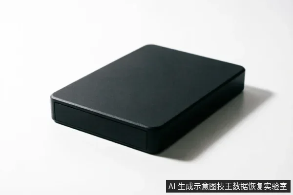 图片展示了一个黑色的矩形外置移动硬盘,放置在纯白背景上。设备表面呈现哑光质感,侧面可见接口凹槽结构,整体无任何连接线或文字标识,为极简风格的产品特写。