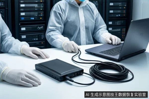 洁净室白色桌面上,前景平放一个黑色外接硬盘盒,连接着黑色线缆。右侧有一台打开的笔记本电脑。左侧一双戴白手套的手平放在桌边。背景中一名穿无尘服的技术人员正在操作笔记本电脑。