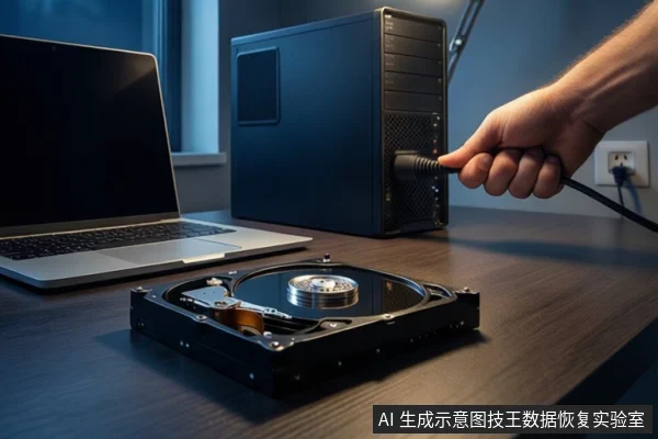深色木桌上，左侧有一台打开的银色笔记本电脑，中间平放一块打开外壳的机械硬盘，右侧一只未戴手套的手正持握黑色线缆，将其插入背景中黑色塔式主机后部接口。背景是夜晚的窗户。