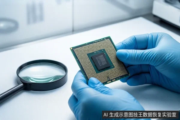 戴蓝色手套的双手在白色桌面上持握一块绿色电路板,板中央有黑色芯片,左侧放置一个黑色放大镜。