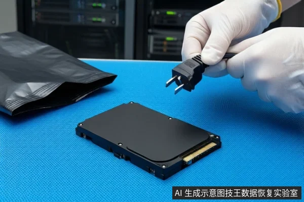 蓝色防静电垫上平放一块黑色固态硬盘，左侧有一个黑色防静电袋。右侧一双戴白色手套的手正握持一个黑色电源插头，悬停在硬盘上方。背景可见模糊的服务器机柜。