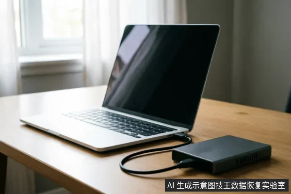 一台银色笔记本电脑放置在木质桌面上,通过黑色数据线连接着一个黑色的外接移动硬盘盒,展示了电脑与外部存储设备建立物理连接的场景。