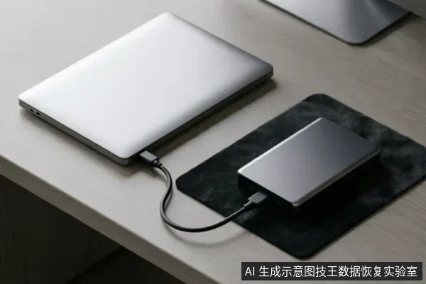 一台银色笔记本电脑通过数据线连接放置在黑色鼠标垫上的外接移动硬盘,展示了外部存储设备与电脑的连接状态。