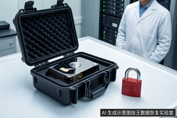 洁净室白色桌面上,一个打开的黑色防震箱内放置一块机械硬盘,右侧平放一把红色挂锁。背景中一名穿白大褂的技术人员站在服务器机柜旁。