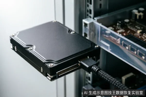 图片展示了一块3.5英寸机械硬盘,其SATA数据接口已插入黑色编织数据线中。背景为模糊的服务器机柜或设备内部结构,直观呈现了检查或更换硬盘连接线缆的操作场景。