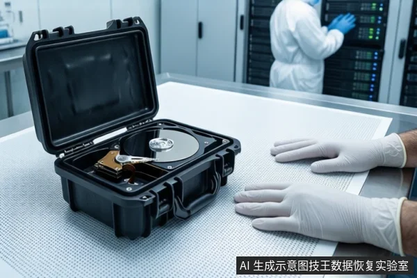 洁净室环境中，前景白色桌面上放置一个打开的黑色防震箱，箱内固定一块打开外壳的机械硬盘。右侧一双戴白手套的手平放在桌边。背景中一名穿无尘服的技术人员正在操作服务器机柜。