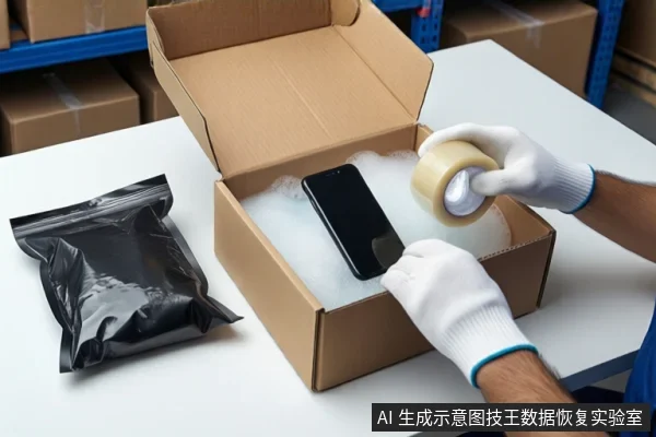 仓库环境中,白色桌面上放置一个装有白色泡沫的纸箱,泡沫中固定着一部黑屏智能手机。左侧放置一个黑色防静电袋。一双戴白色手套的手正持一卷透明胶带,准备封箱。背景可见货架和纸箱。