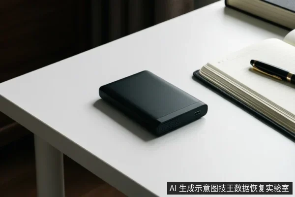 白色桌面上放置一个黑色移动硬盘,旁边有打开的笔记本和钢笔。