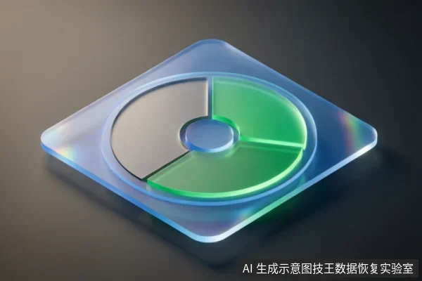 一个具有玻璃质感和全息边缘的3D图标，主体为菱形底座上的圆形饼图。饼图被分割为灰色和绿色两个扇区，中心有蓝色圆点，呈现出类似硬盘分区或存储状态的抽象视觉效果。