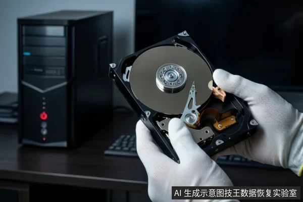 木质桌面上,戴白手套的双手正持握一块打开外壳的机械硬盘,露出盘片与磁头组件。背景左侧竖立一台黑色塔式主机,正面亮着红色电源按钮,右侧为模糊的显示器。