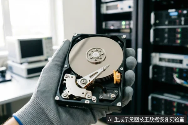 一只戴着灰色防静电手套的手托举着一块已打开上盖的机械硬盘,清晰展示内部磁盘盘片与磁头臂结构。背景为模糊的专业服务器机柜与电子检测仪器,呈现出专业数据恢复实验室的受控工作环境。