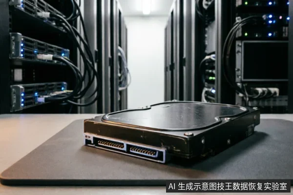 一台3.5英寸机械硬盘放置在深色防静电垫上,背景为模糊的服务器机柜和线缆。画面展示了数据恢复检测环境中待检的原始存储介质状态,无屏幕显示或操作动作。