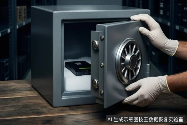 木质桌面上放置一个打开的灰色金属保险柜，内部白色泡沫中平放一块黑色硬盘。右侧一双戴白色手套的手正扶握保险柜门。背景为模糊的深色文件柜。