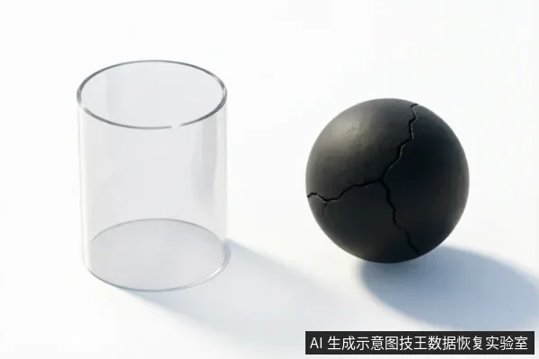 白色背景上放置着一个透明圆柱形玻璃罩和一个表面布满裂纹的黑色球体。两者并排摆放,无连接或操作动作,通过具象物体隐喻逻辑与硬件故障的区别。