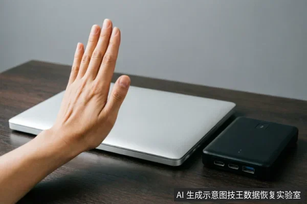 画面展示了一只手在闭合的银色笔记本电脑上方做出停止或拒绝的手势,旁边放置着一个黑色的移动存储设备。该动作直观地传达了在遇到硬件故障时应立即断电、停止操作并避免进一步干预的安全原则。