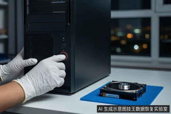 白色桌面上,一双戴白色手套的手正在操作黑色台式主机前部的电源按钮,右侧蓝色防静电垫上平放着一块打开外壳的机械硬盘,背景为模糊的窗户和城市夜景。