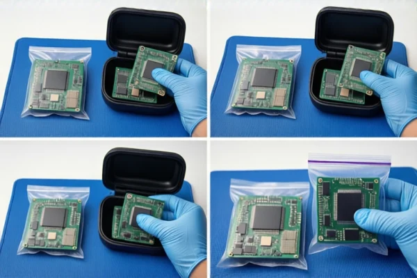 Gloved hand holding a green SSD PCB module over a black case and a bagged PCB on a blue mat.