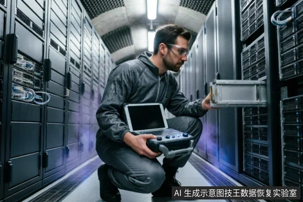 一名身穿深色工作服、佩戴护目镜的技术人员蹲在服务器机房通道内,左手从机柜中拉出一个银色硬盘托架,右手持有一台带有屏幕和旋钮的专业硬件检测仪器,正专注检查设备状态。