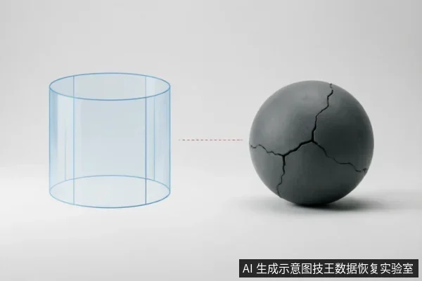 画面左侧为一个蓝色透明线框圆柱体,右侧为一个表面布满裂纹的深灰色球体,中间有一条红色虚线连接。圆柱体象征逻辑结构或数据容器,带裂纹的球体象征物理介质受损,直观展示了从逻辑故障到物理损伤的对比关系。