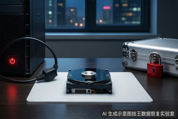 木质桌面上,左侧有一台亮着红色电源按钮的黑色塔式主机,右侧白色垫子上平放一块打开外壳的机械硬盘,右侧为挂有红色挂锁的银色金属防震箱,背景为模糊的城市夜景。