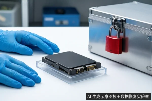 白色防静电工作台上,一双戴蓝色手套的手平放在桌面左侧,中间透明底座上平放一块黑色固态硬盘,右侧为挂有红色挂锁的银色金属防震箱,背景为模糊的实验室设备。