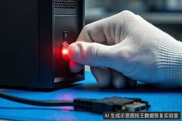 蓝色防静电垫上,一只戴白色手套的手正按压黑色塔式主机前部的红色电源按钮,前景平放一根黑色线缆。